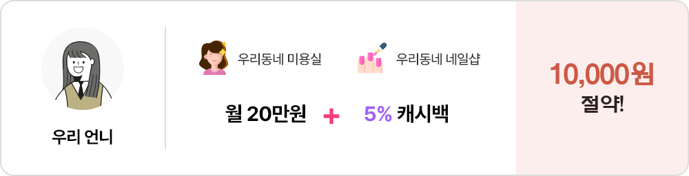 우리언니 우리동네 미용실 과 네일샵에서 월20만원+5%캐시백, 10,000원 절약!